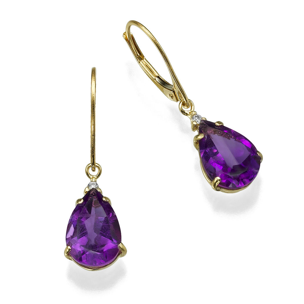 14k Yellow Gold Earrings With Amethyst 4 30 Pear Purple And Diamond 14k Yellow Gold Earrings With Amethyst 4 30 Pear Purple And Diamond 0 06 Tcw Round Vs G