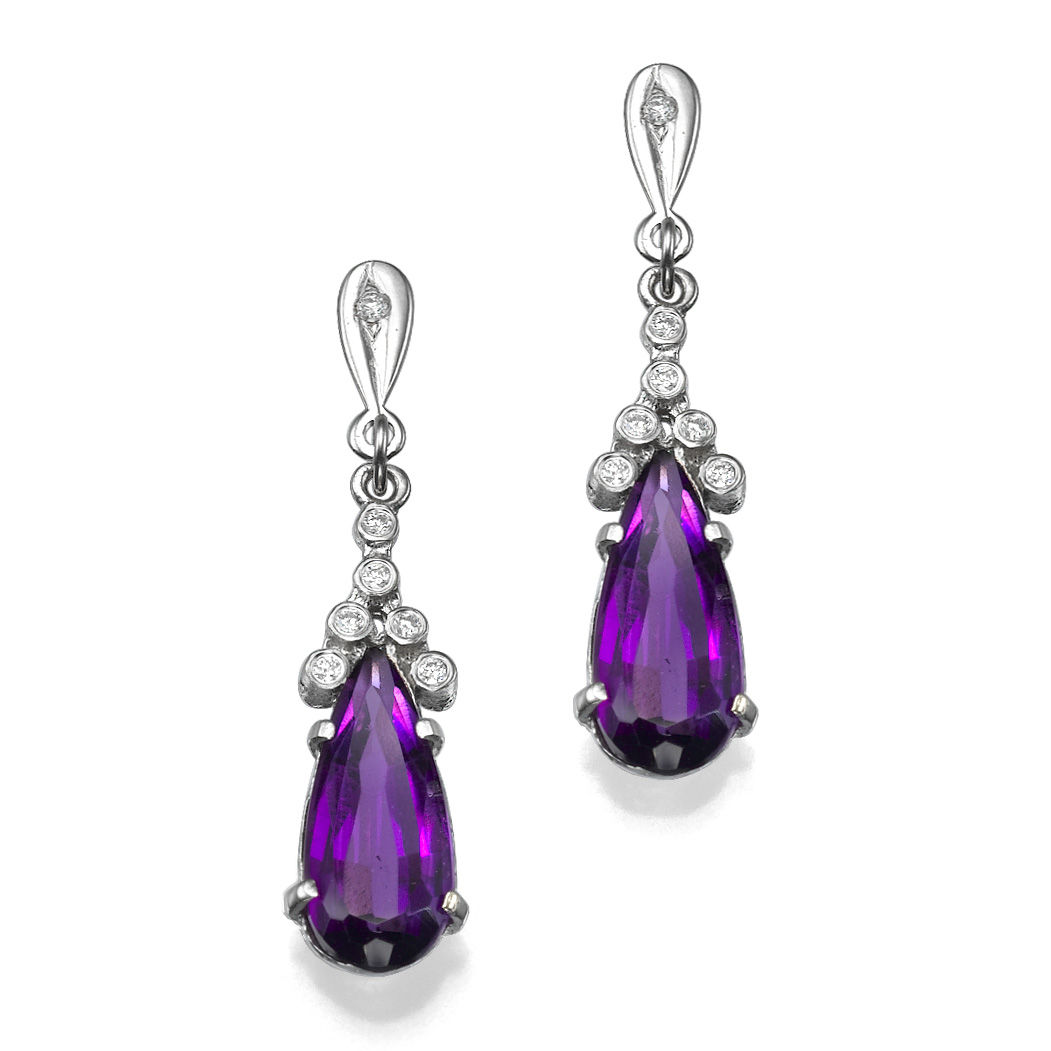 14k White Gold Earrings With Amethyst 5 Tcw Pear Purple And Diamond 14k White Gold Earrings With Amethyst 5 Tcw Pear Purple And Diamond 0 14 Round Vs