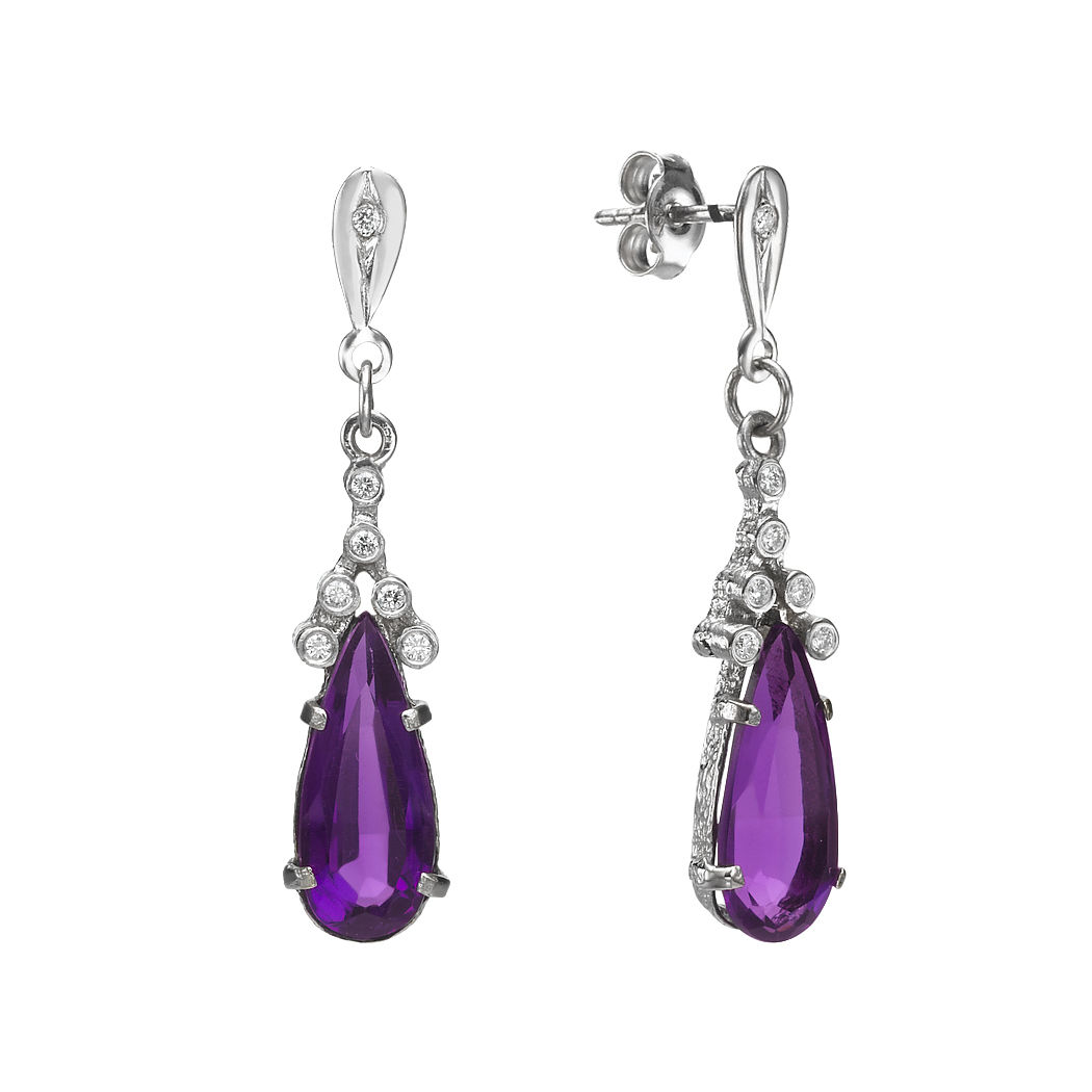 14k White Gold Earrings With Amethyst 5 Tcw Pear Purple And Diamond 14k White Gold Earrings With Amethyst 5 Tcw Pear Purple And Diamond 0 14 Round Vs