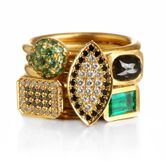White & Black Diamonds Tsavorite & Emerald 6 Gold Rings Bouquet. 