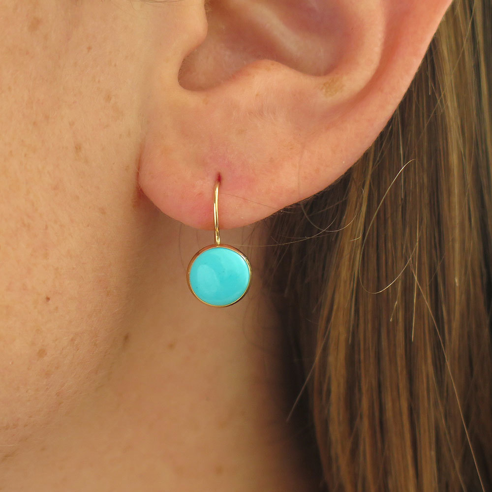 14K Solid Gold Handmade Drop Turquoise Round Earrings Classic Jewelry