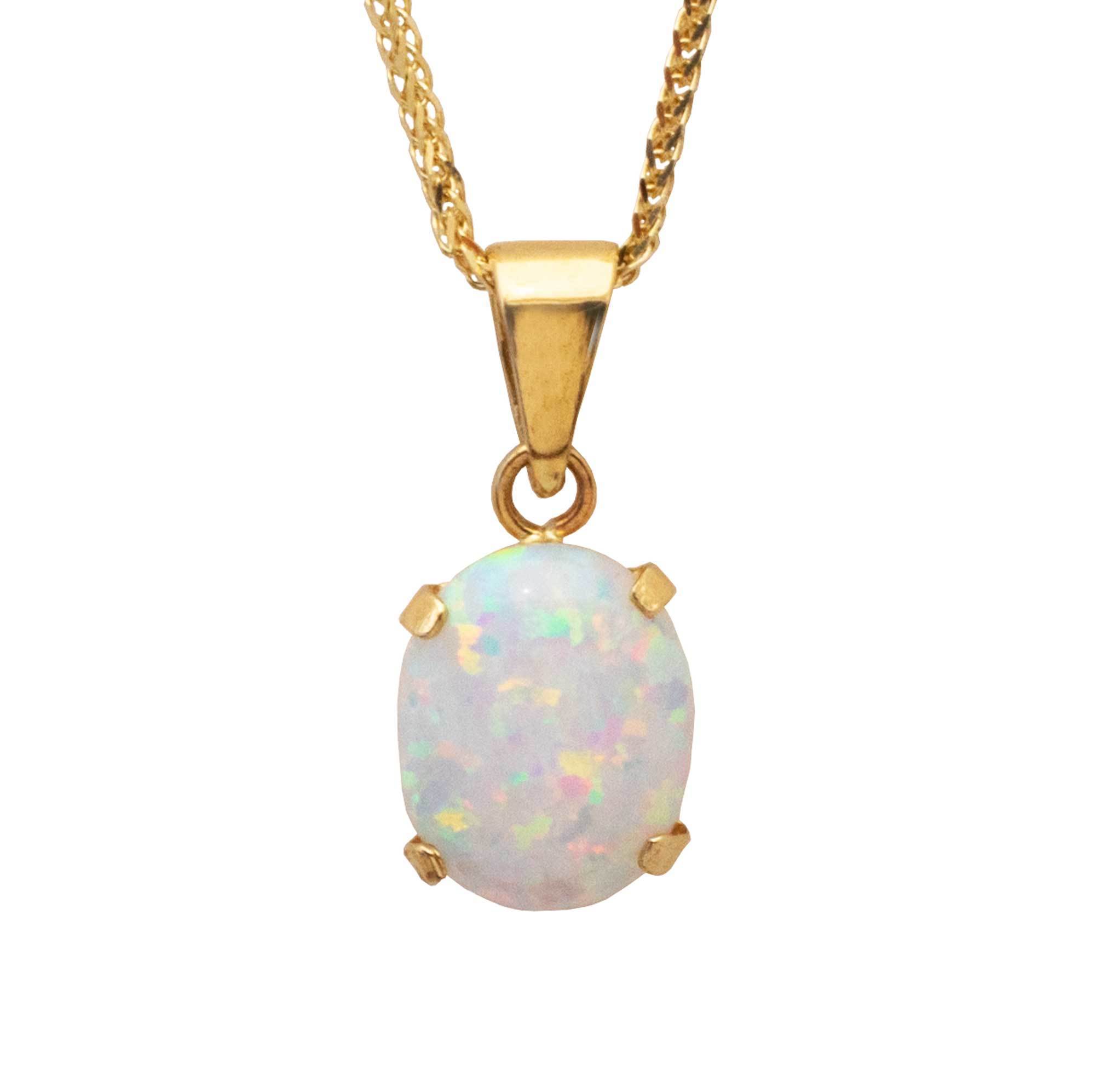 14K Yellow Gold Handmade 8x10mm White Opal Pendant Necklace