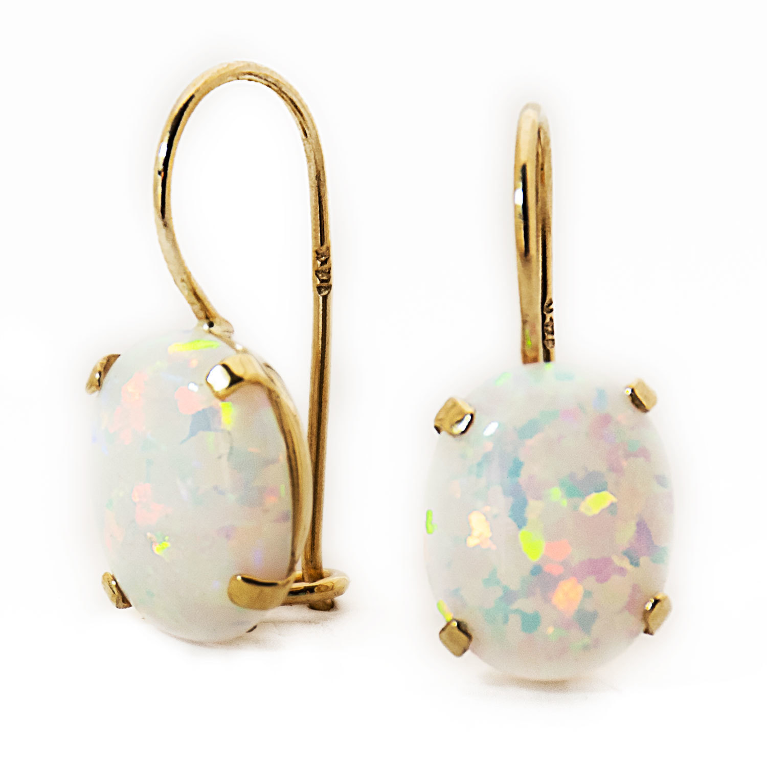 14K Solid Yellow Gold Oval 6X8mm White Opal Drop Earrings Summer Sale