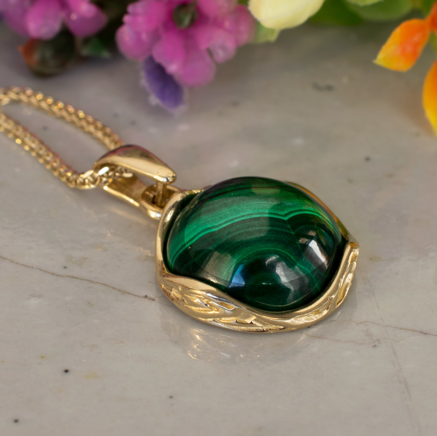 14K Solid Gold Malachite Pendant Vintage Style Necklace For Women