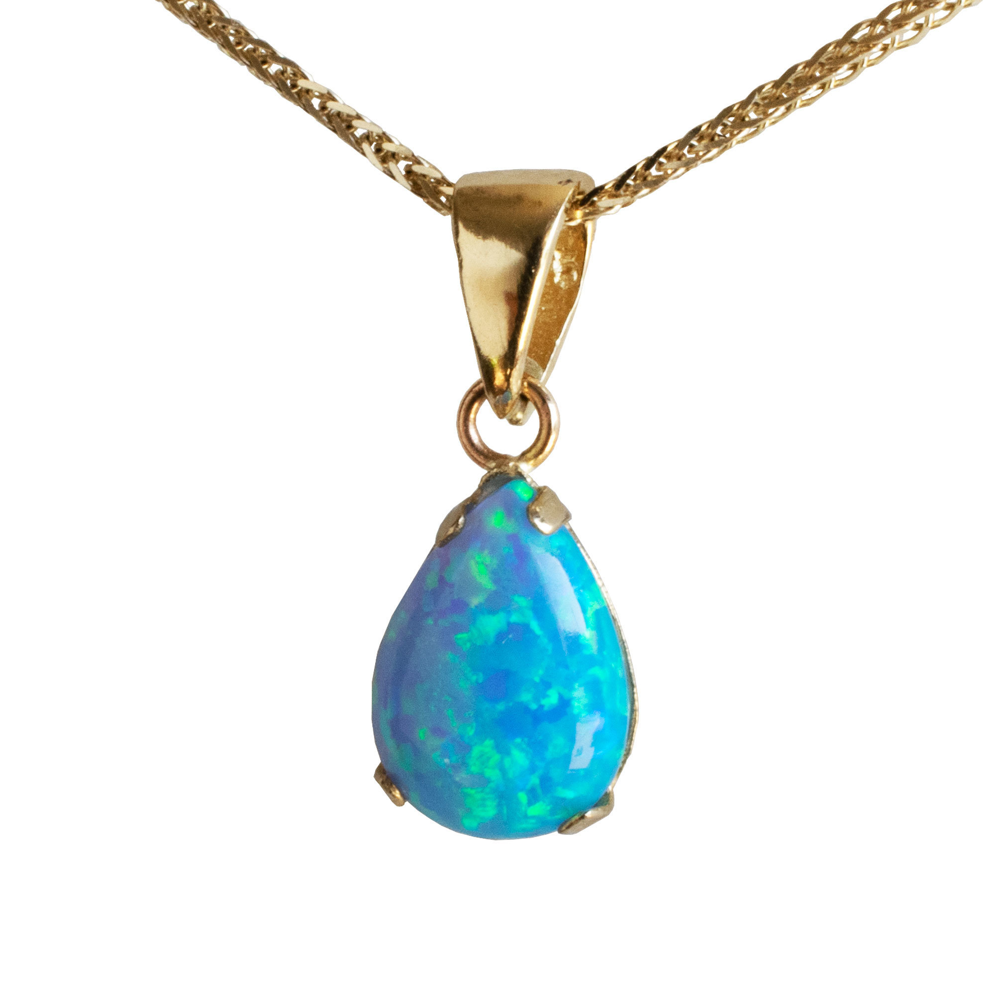 14K Solid Gold Handmade 7X10mm Blue Opal Teardrop Handmade Pendant