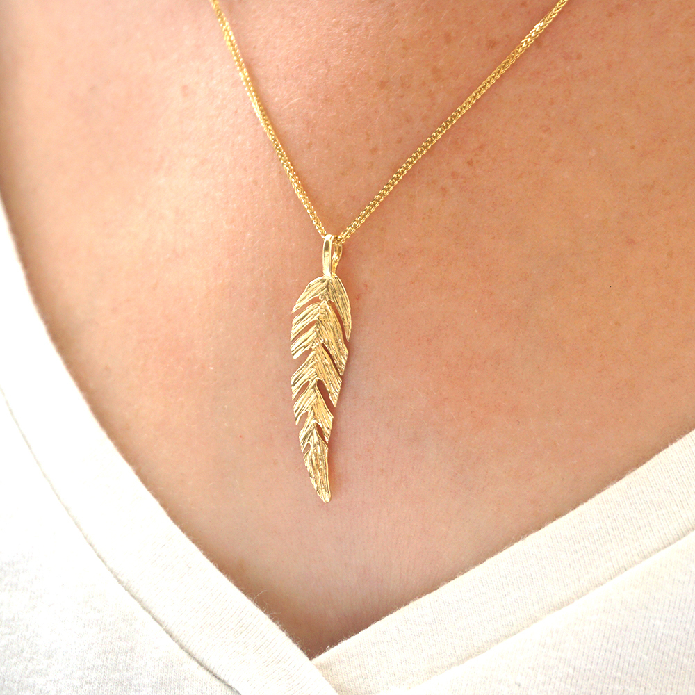 14k Solid Yellow Gold Dainty Feather Pendant Necklace | eBay