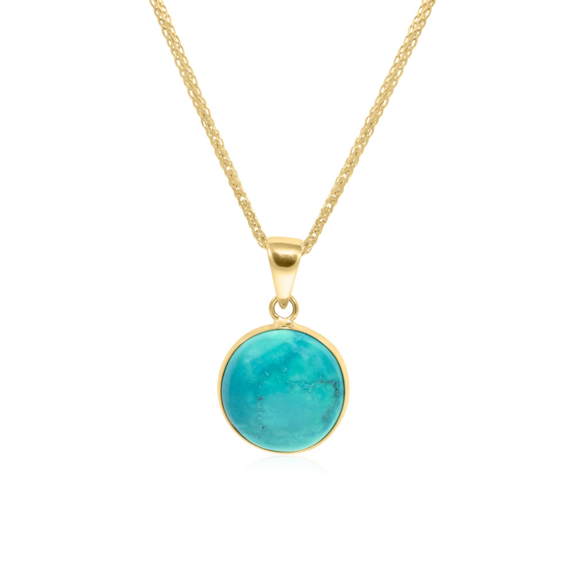 14K Solid YELLOW GOLD Round 12 mm TURQUOISE TURQUOISE Pendant
