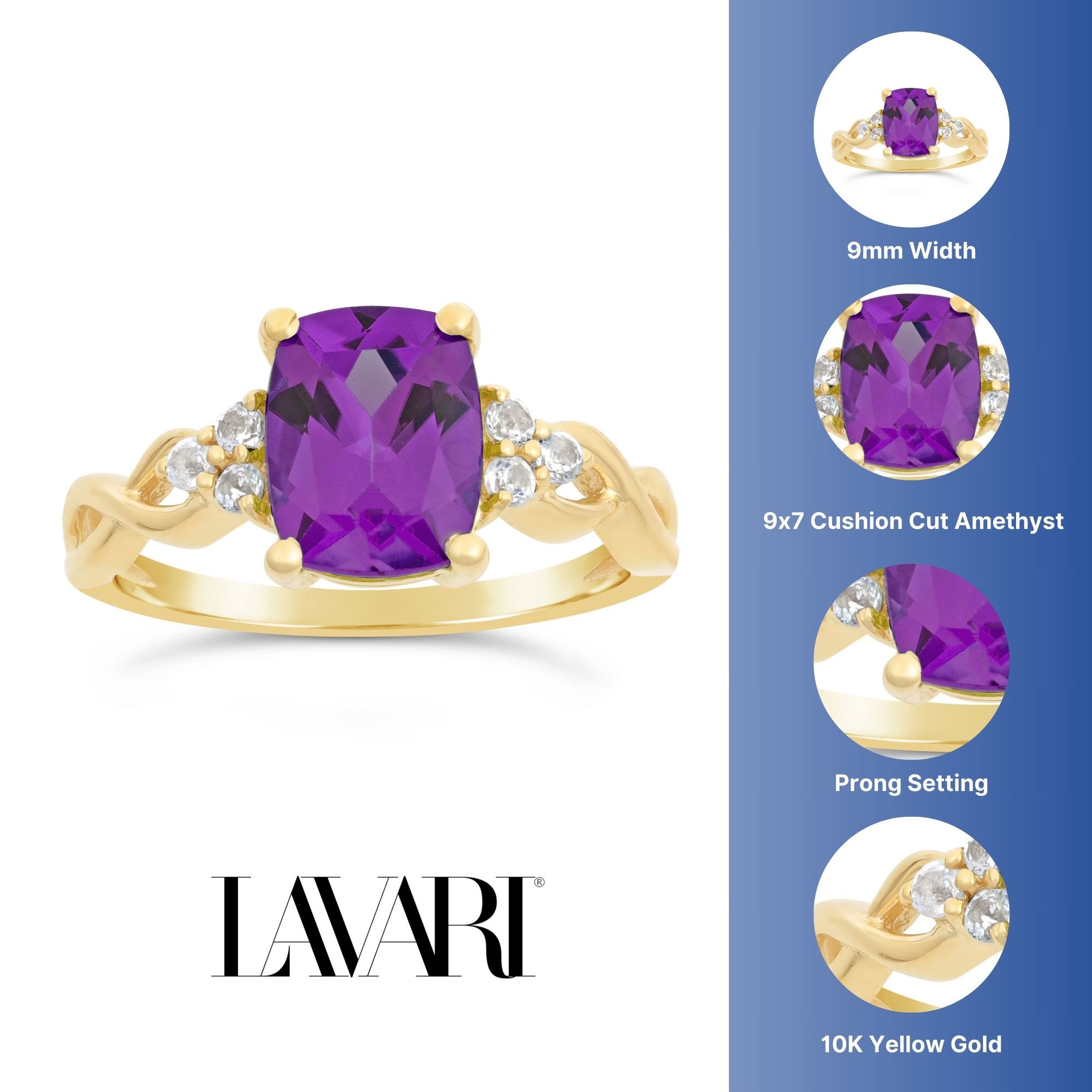 10K White Gold Statement Ring for Her 9x7 Cushion Amethyst White