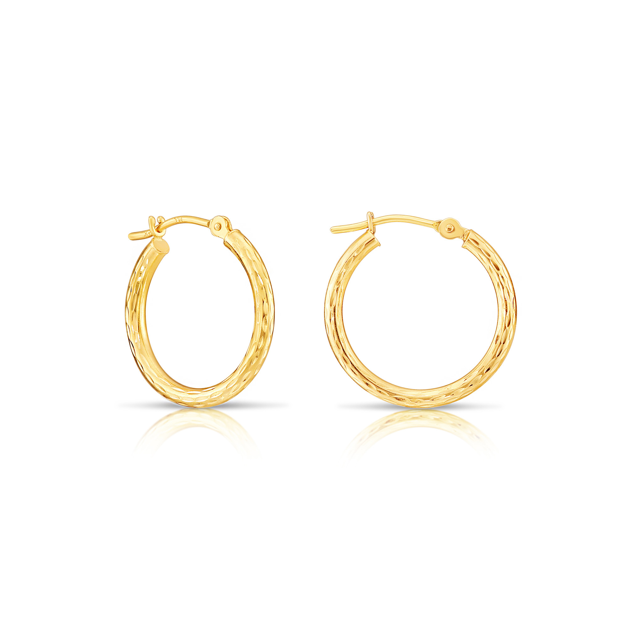 14K Solid Yellow Gold Hand Engraved Full Diamond-Cut Round Hoop
