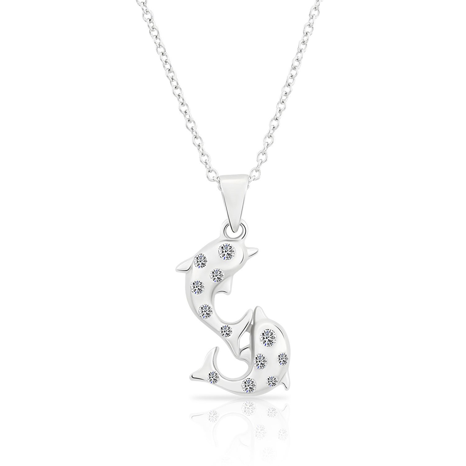 Solid 925 Sterling Silver Twin Dolphin CZ Pendant Charm Chain