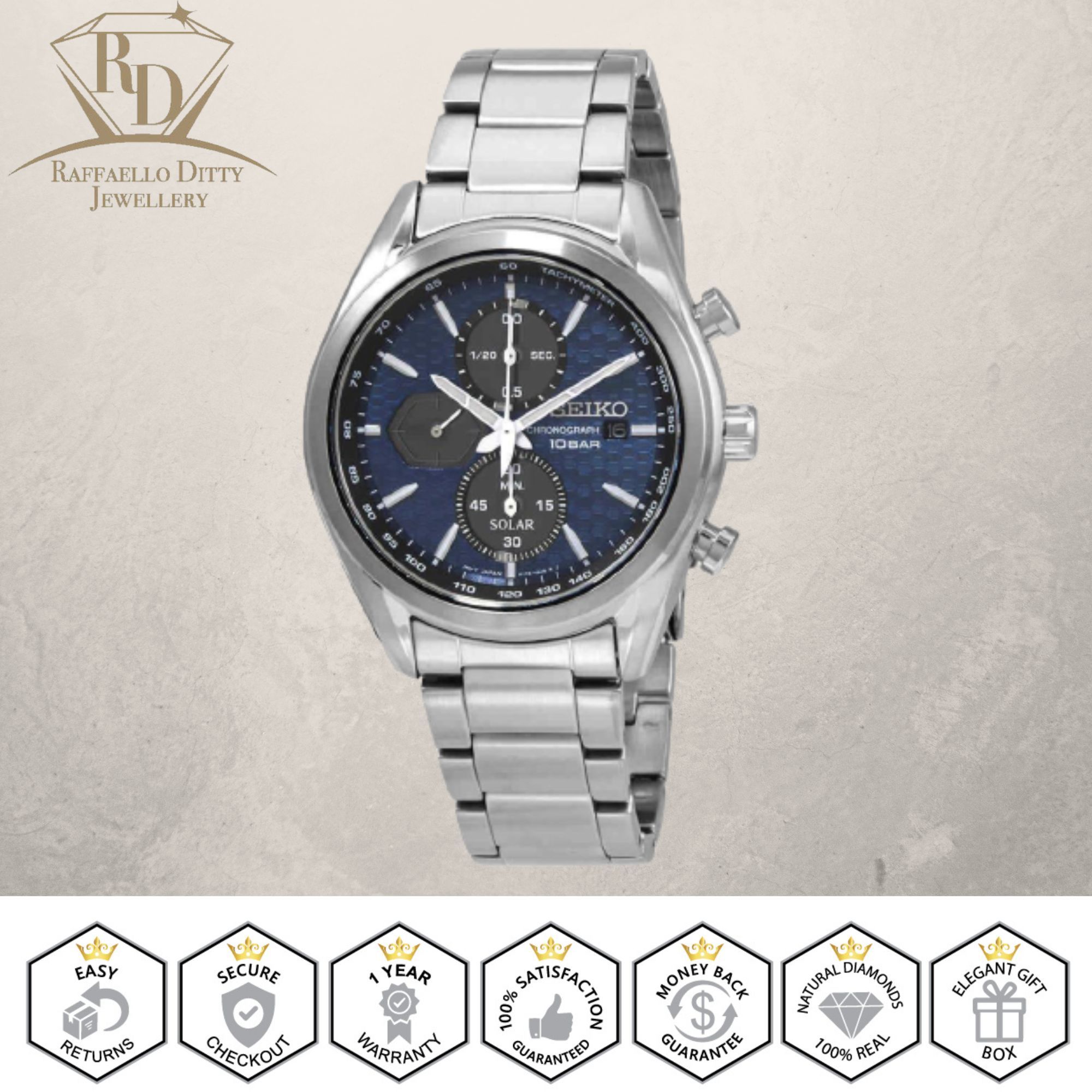 まさき SEIKO ソーラー SEIKO Men's Watch Solar Powered Chronograph Blue Dial Silver