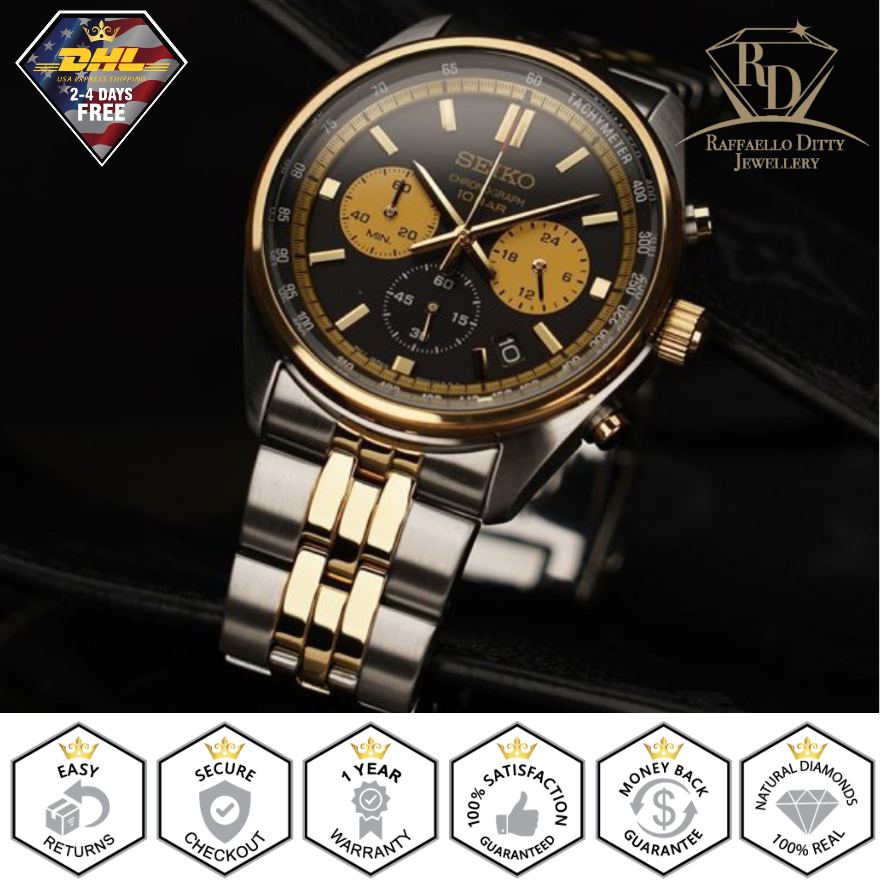 SEIKO Men's Watch Chronograph Black Dial Two Tone Stainless