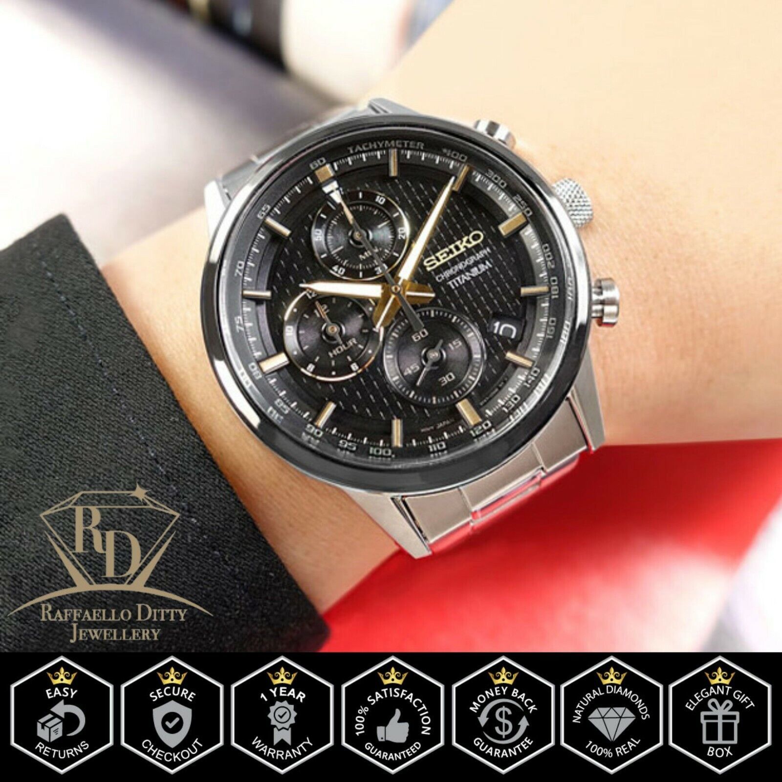 SEIKO TITANUM 20BAR 黒 SEIKO Men's Watch Titanium Chronograph Tachymeter Black Dial