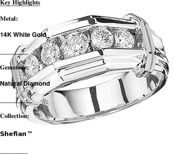 Shefian&trade; 14K White Gold Ring Men's 5 Stone Channel Set with Shoulder Tabs Diamond 1.00 Ctw