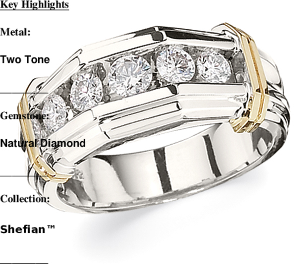 Shefian&trade; Two Tone Ring Men's 5 Stone Channel Set with Shoulder Tabs Diamond 1.00 Ctw