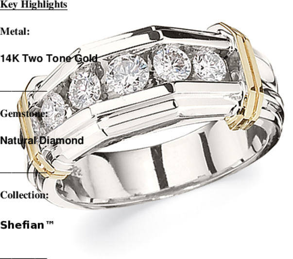 Shefian&trade; 14K Two Tone Gold Ring Men's 5 Stone Channel Set with Shoulder Tabs Diamond 1.50 Ctw