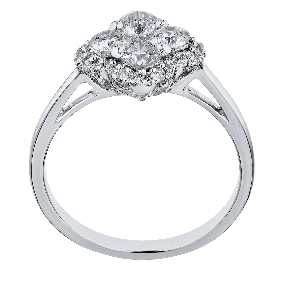 14k White Gold Clover Shaped Halo Diamond Ring 0.90 Ctw