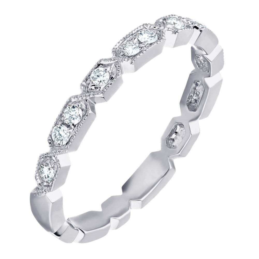 TriUnity&trade; 14K White Gold Alternating Two Stone & One Stone Milgrain Edge 0.15 Ctw