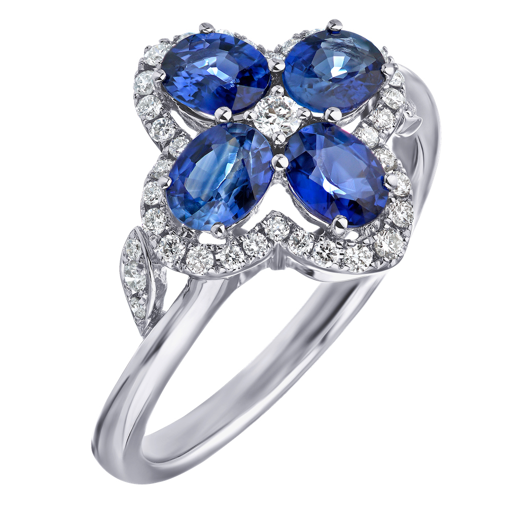 Majestic Gems&trade; 14k White Gold Color Clover with Halo Blue Sapphire & Diamond 1.49 Ctw