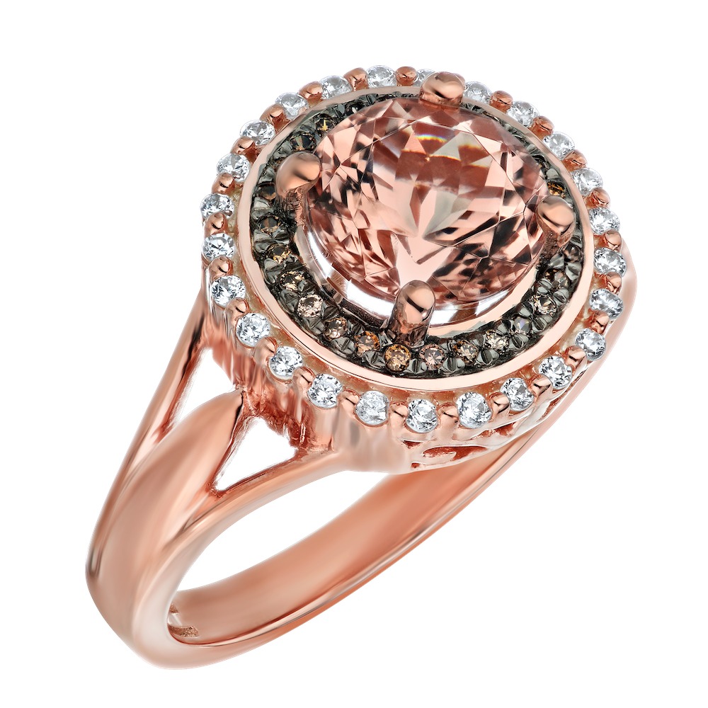 Peach Blossom&trade; 14k Rose Gold Morganite Round Center Cognac & White Double Halo Ring Diamond 2.25 Ctw