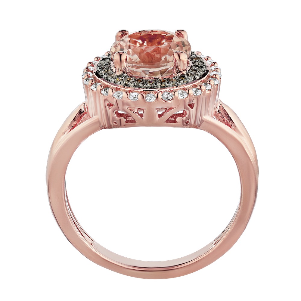 Peach Blossom&trade; 14k Rose Gold Morganite Round Center Cognac & White Double Halo Ring Diamond 2.25 Ctw
