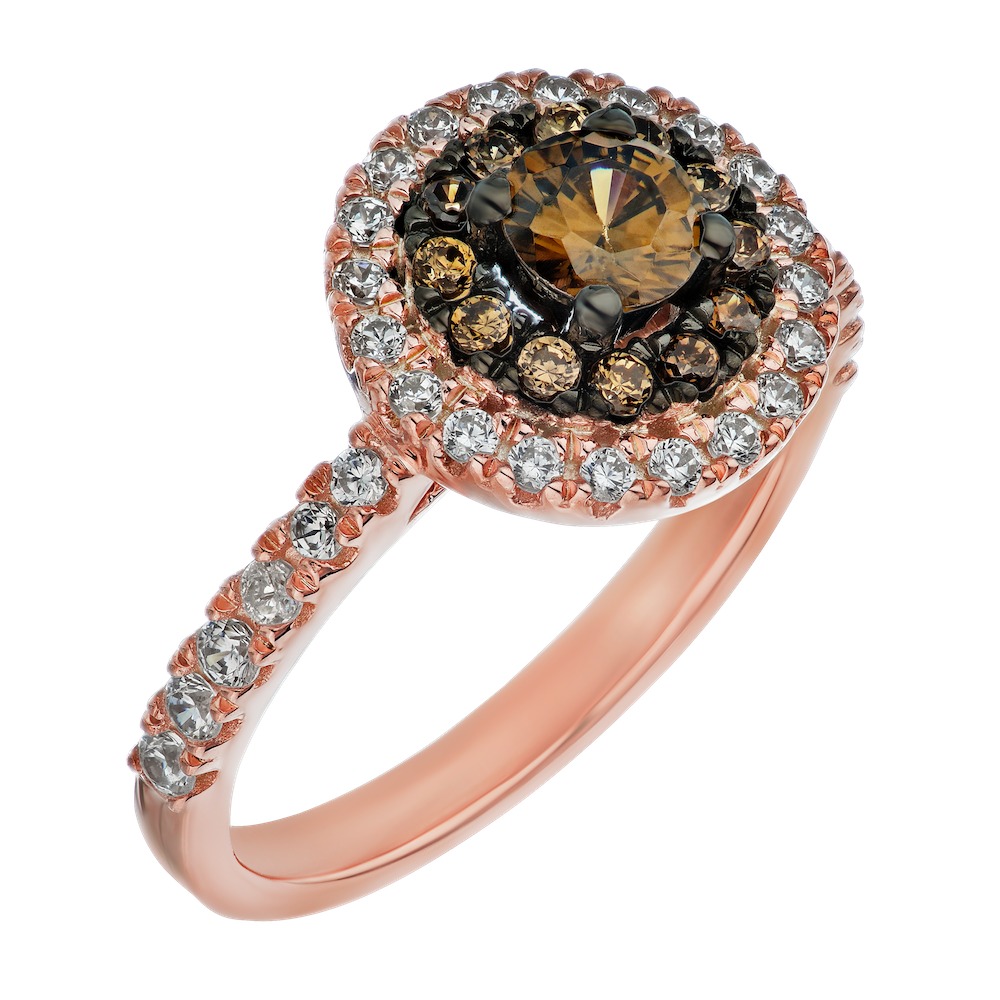 Cinnamon Dulce&trade; 14K Rose Gold Round Cognac With Double Halo Cognac & White Diamond & Cognac 1.00 Ctw
