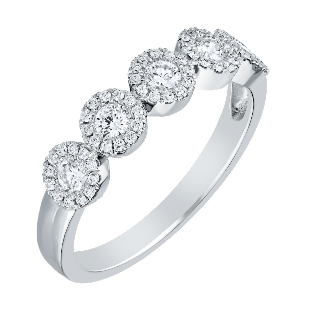 14k White Gold 5 Clusters Halo Diamond Ring 1.00 Ctw