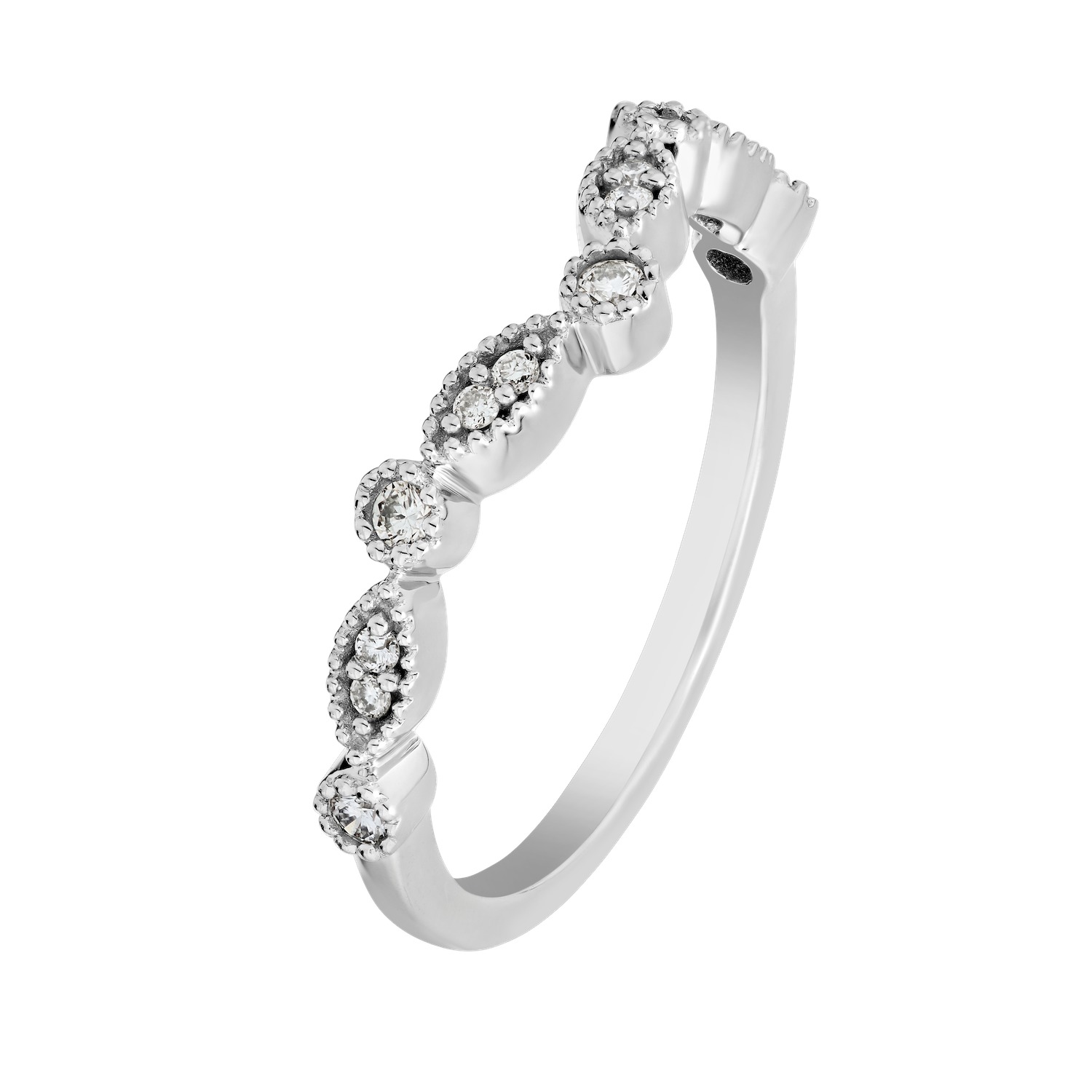 TriUnity&trade; 10K White Gold V Shaped With Marquise & Round Milgrain Settings 0.15 Ctw