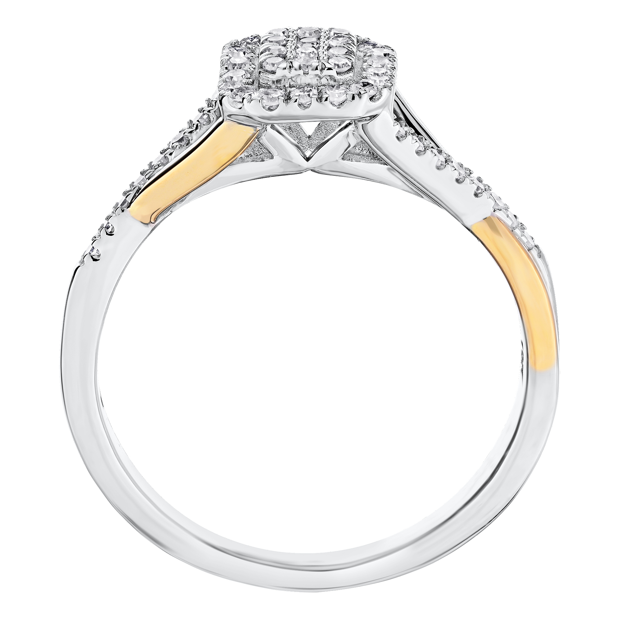 10K Two Tone Emerald Shape Cluster with Crossover Shoulders Diamond Ring 0.25 Ctw