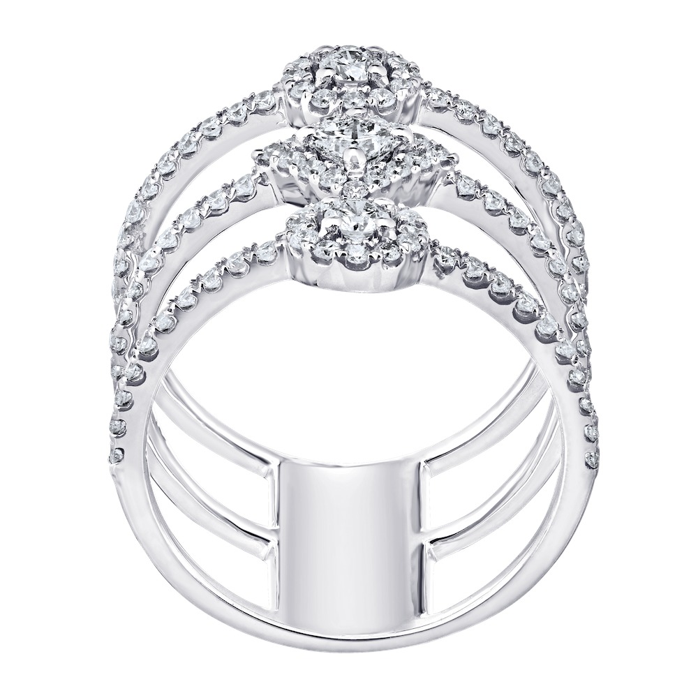 14K White Gold Stacked 3 Row Diamond Ring with Cluster Centers 1.00 Ctw