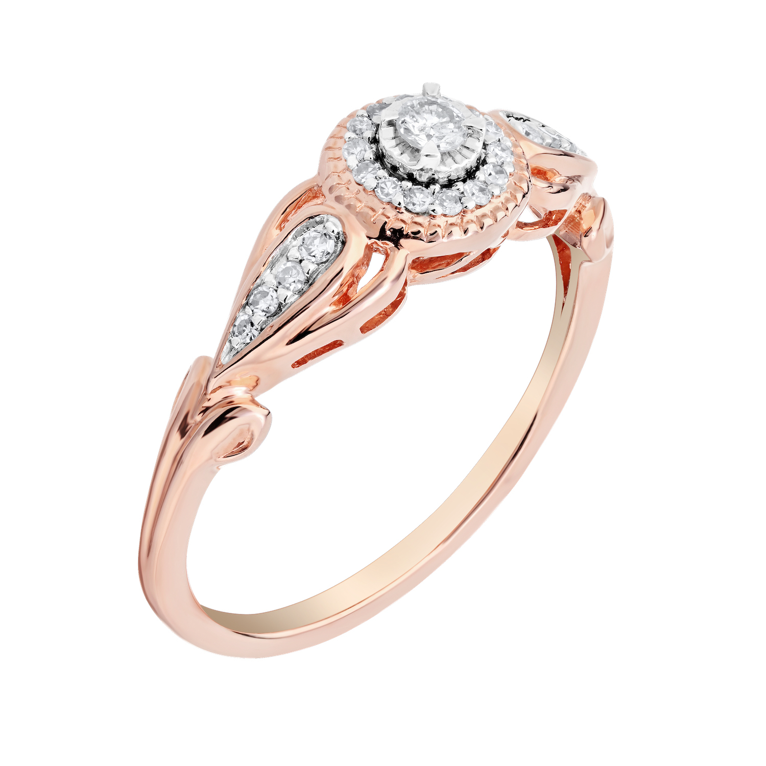 10K Rose Gold Ring Round Illusion Set Center with Halo Diamond Shoulders Diamond 0.15 Ctw