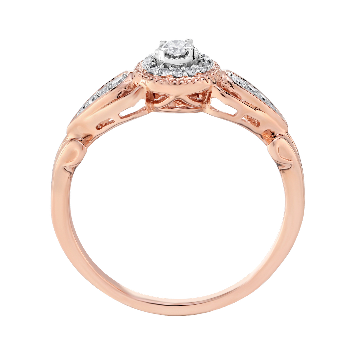 10K Rose Gold Ring Round Illusion Set Center with Halo Diamond Shoulders Diamond 0.15 Ctw