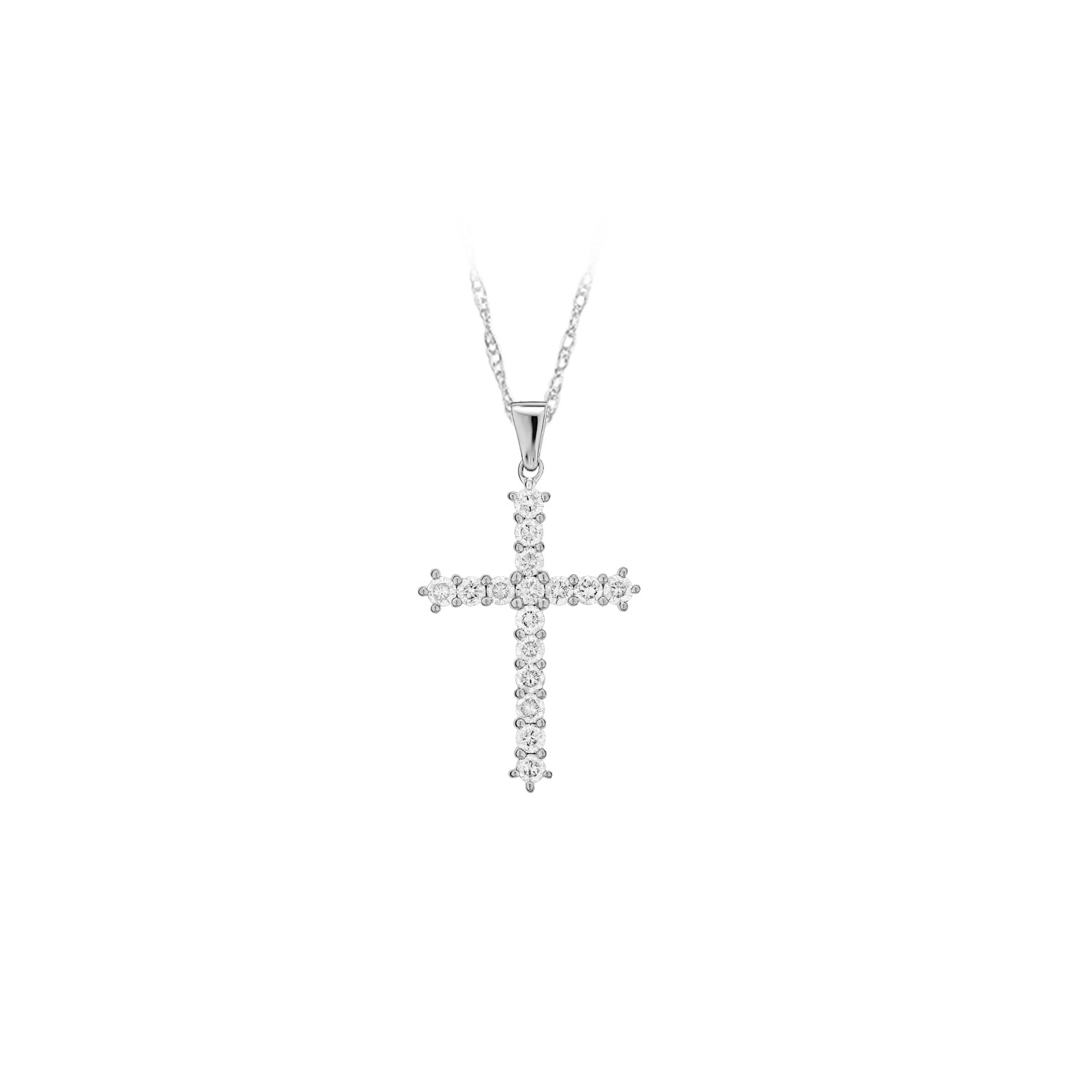 14K White Gold Pendant 16 Stone Prong Set Cross with Polished Bail Diamond 0.25 Ctw