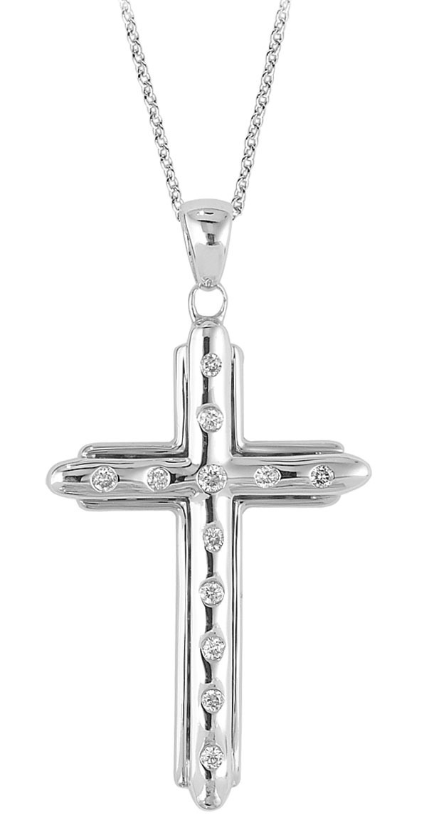 14K White Gold Pendant Flush Set Cross Diamond 0.25 Ctw