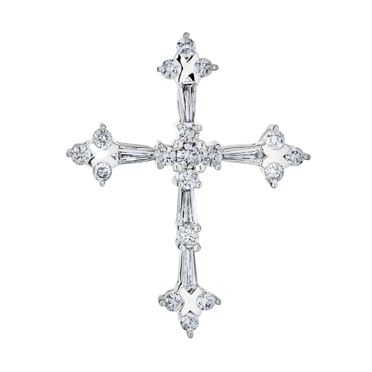 14k White Gold Gothic Style Diamond Cross Baguette Rounds Hidden Bail Pendant 0.25 Ctw