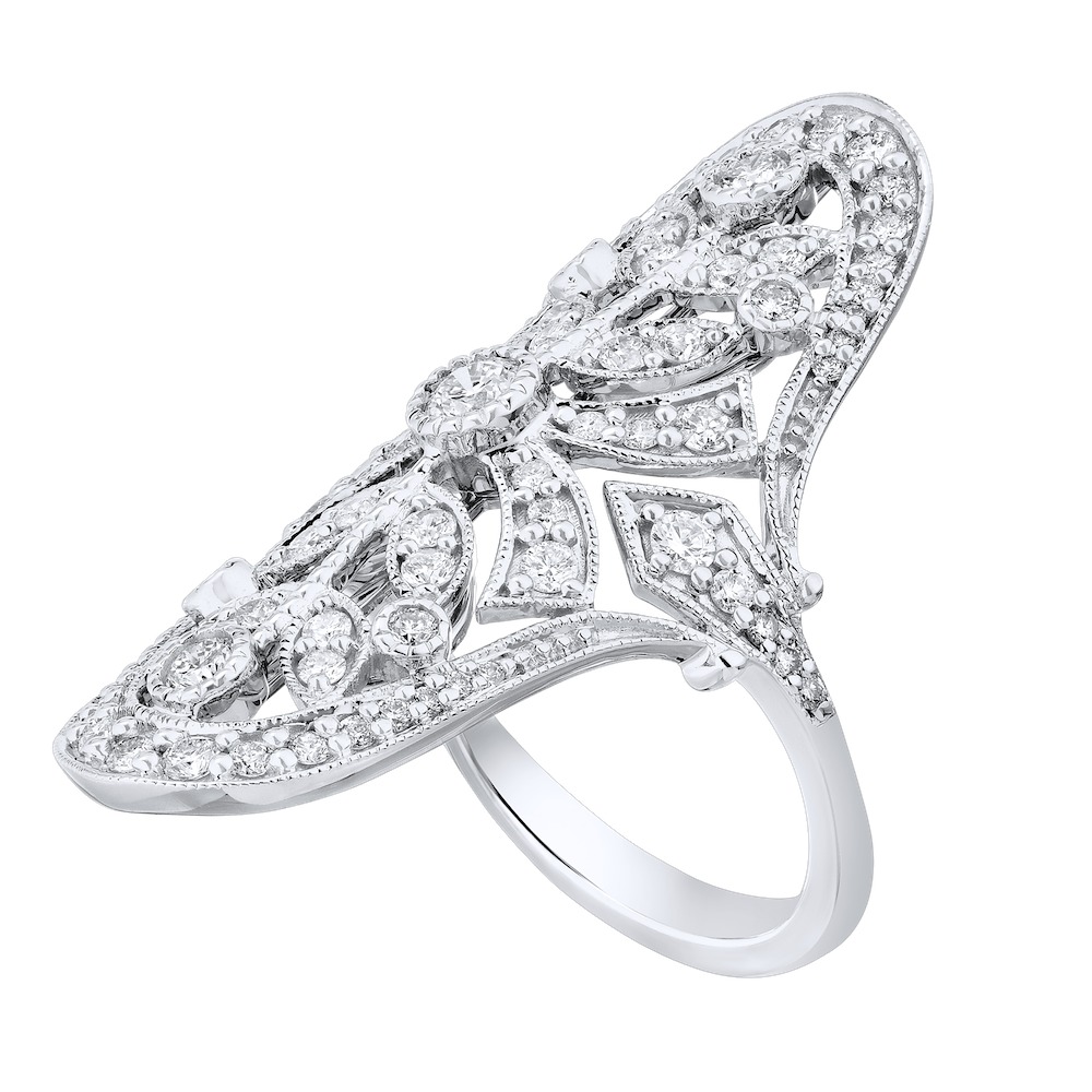 Vintage Treasures&trade; 14k White Gold Elongated Art Deco Filigree Style Ring Diamond 1.25 Ctw