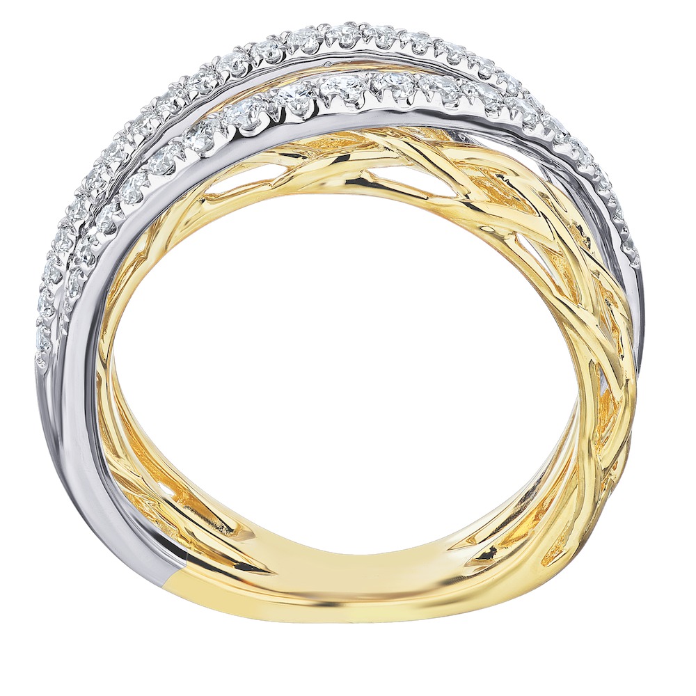 14K Two Tone Ring Multi Row Pave & Polished Criss Cross Diamond 0.40 Ctw
