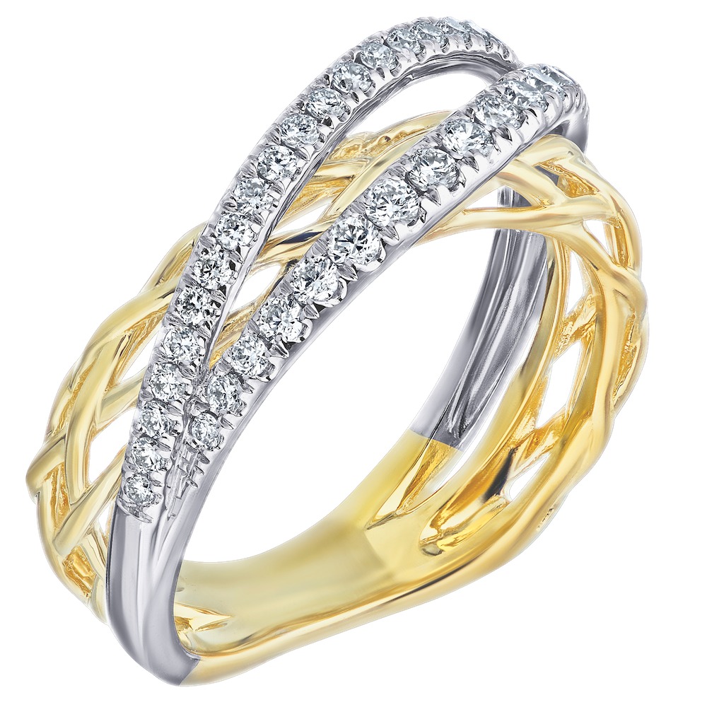14K Two Tone Ring Multi Row Pave & Polished Criss Cross Diamond 0.40 Ctw