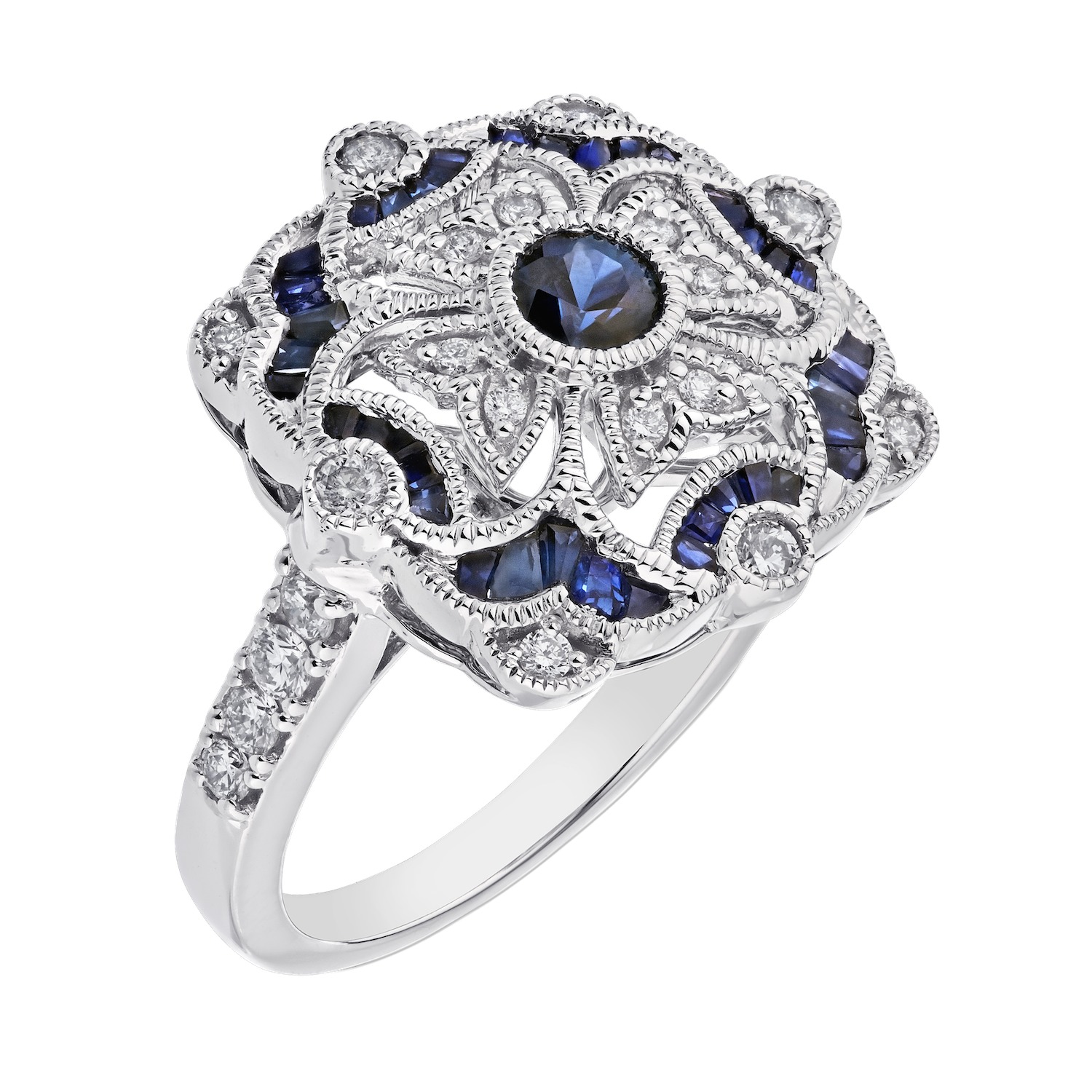 Vintage Treasures&trade; 14k White Gold Square Shaped Filigree with Milgrain Bezel Center Ring Diamond & Sapphire Baguette 1.22 Ctw