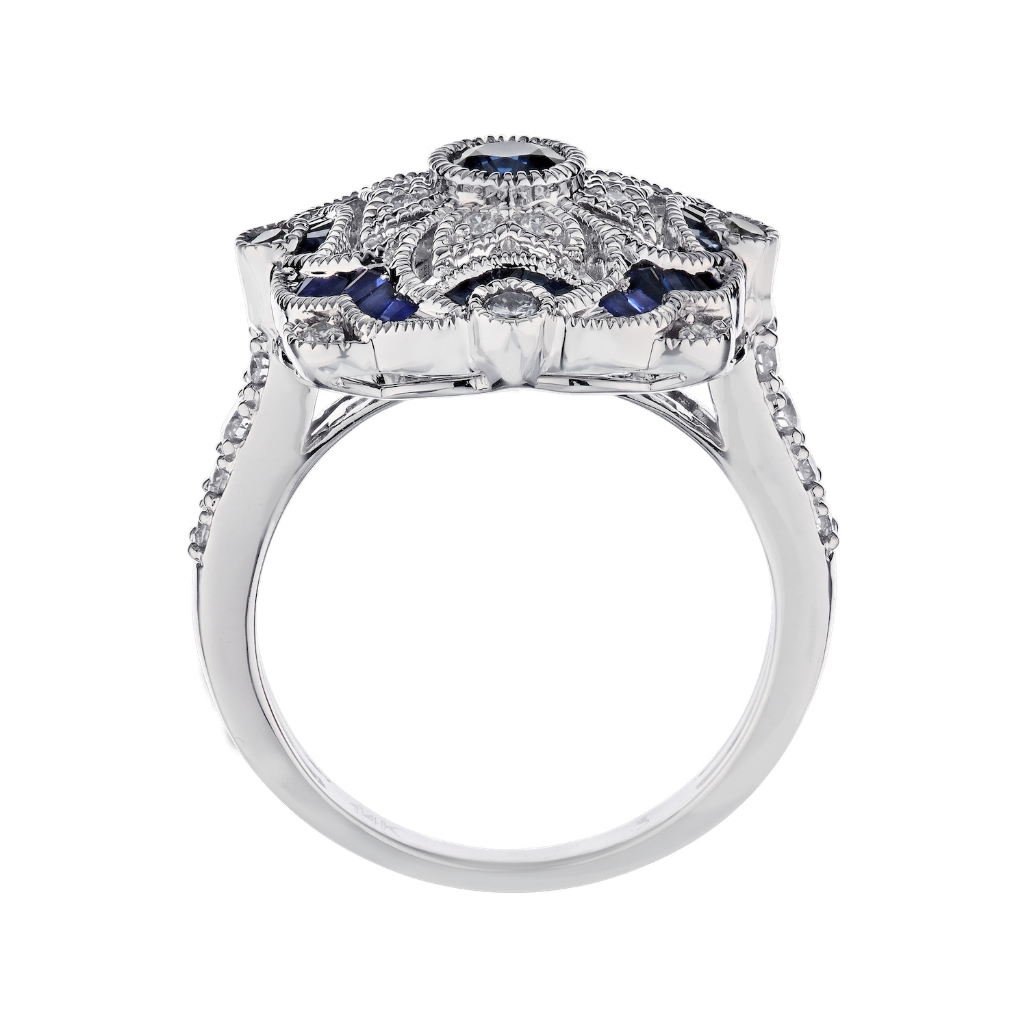 Vintage Treasures&trade; 14k White Gold Square Shaped Filigree with Milgrain Bezel Center Ring Diamond & Sapphire Baguette 1.22 Ctw