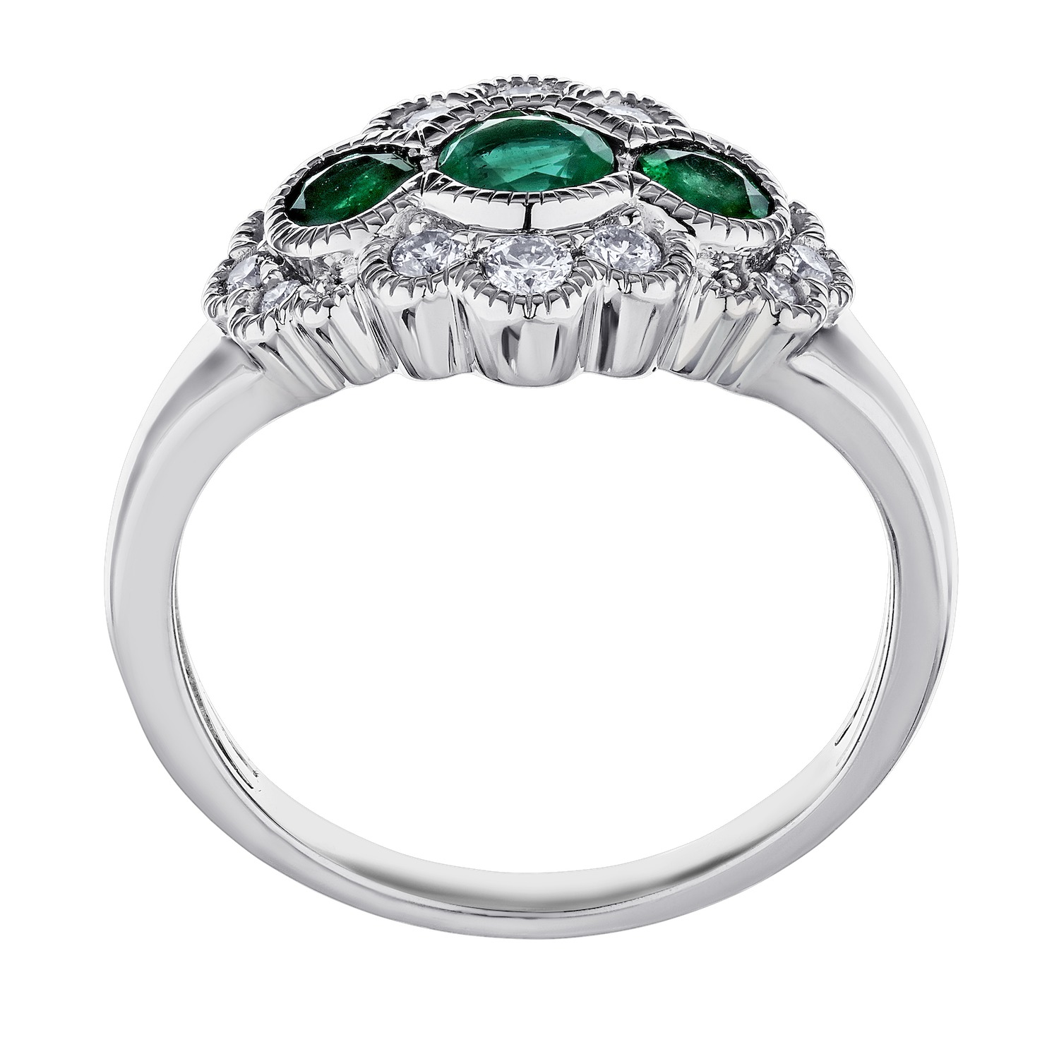 Vintage Treasures&trade; 14k White Gold 3 Bezel Set Centers with Milgrain Ring Diamond & Emerald Round 0.82 Ctw