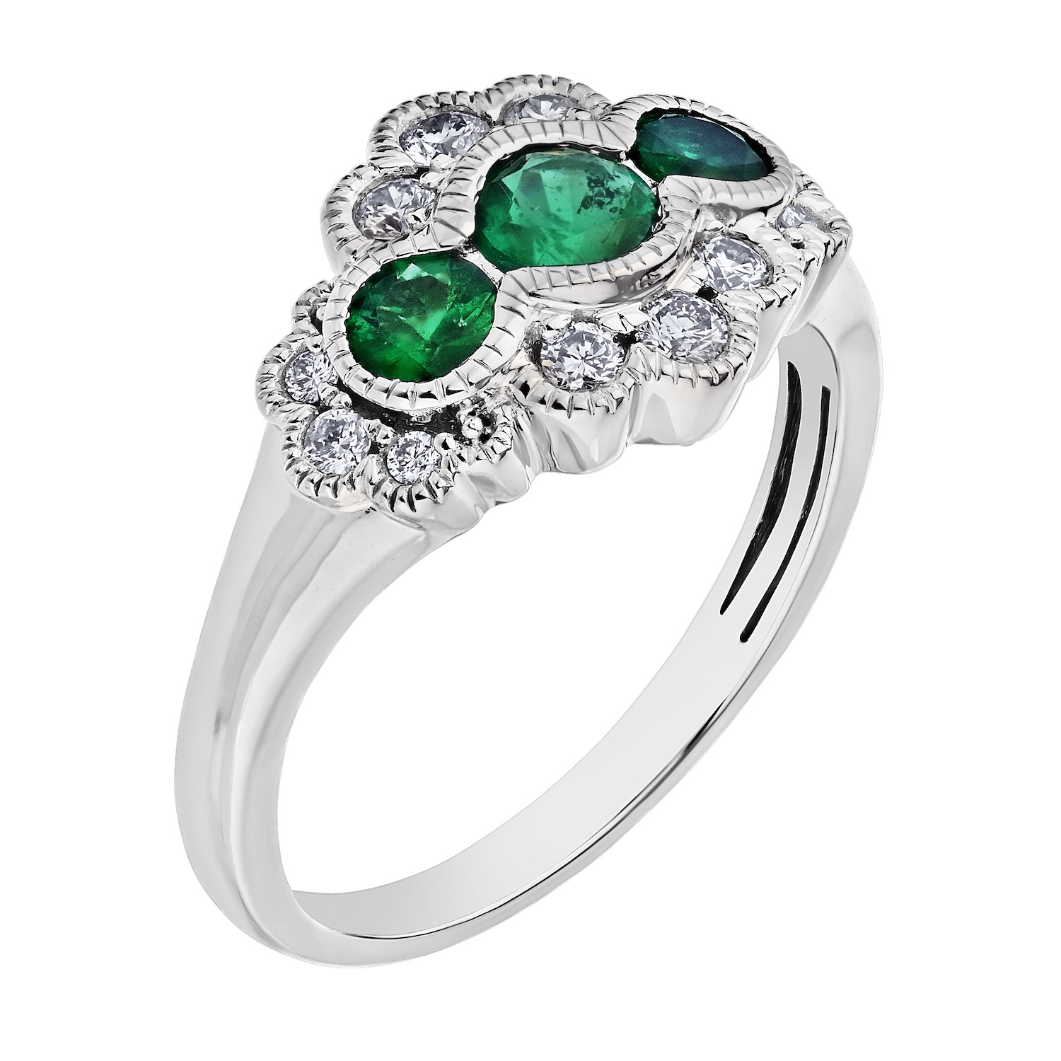 Vintage Treasures&trade; 14k White Gold 3 Bezel Set Centers with Milgrain Ring Diamond & Emerald Round 0.82 Ctw