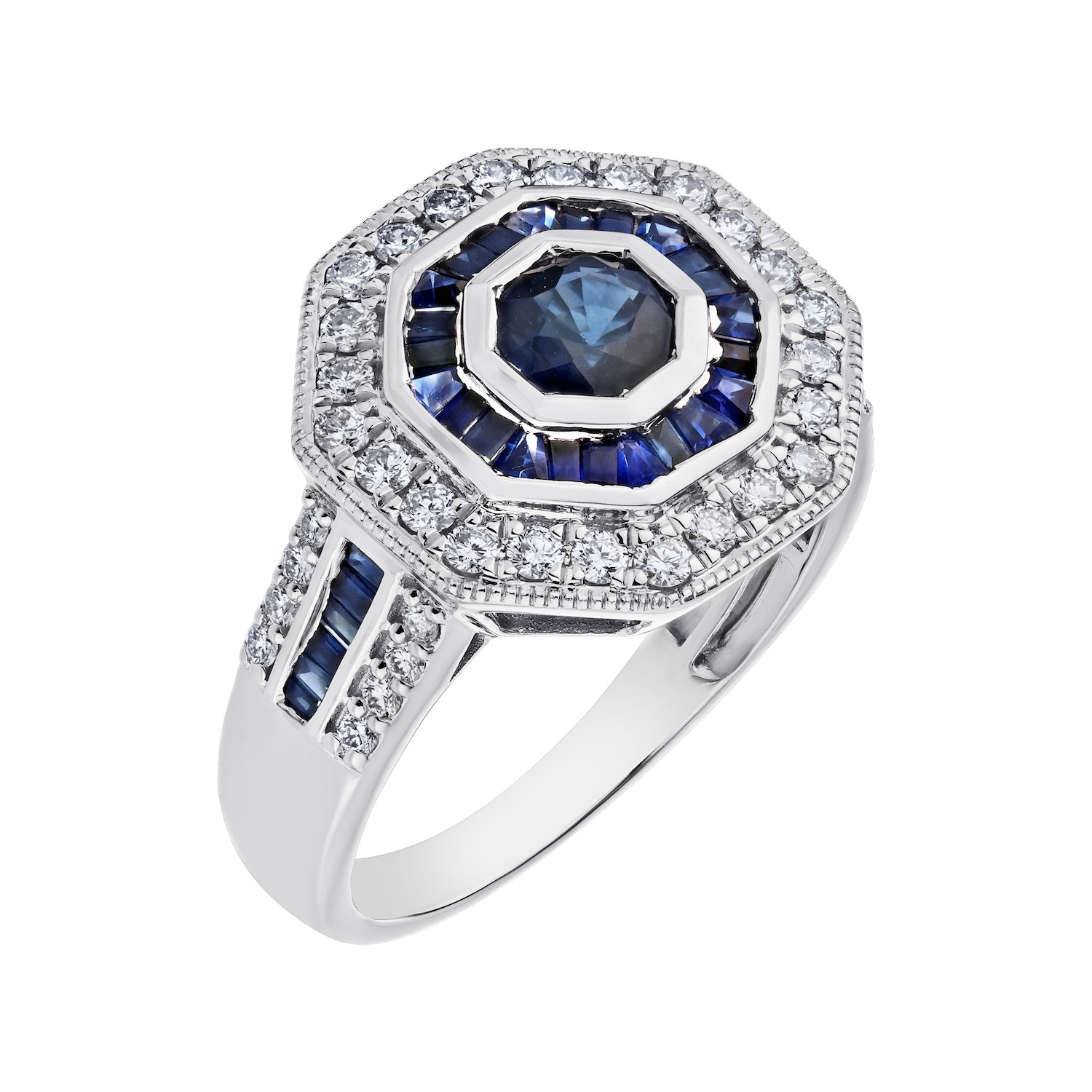 Vintage Treasures&trade; 14k White Gold Octagonal Art Deco Style Wide Shoulders Ring Diamond & Sapphire Baguette 1.21 Ctw