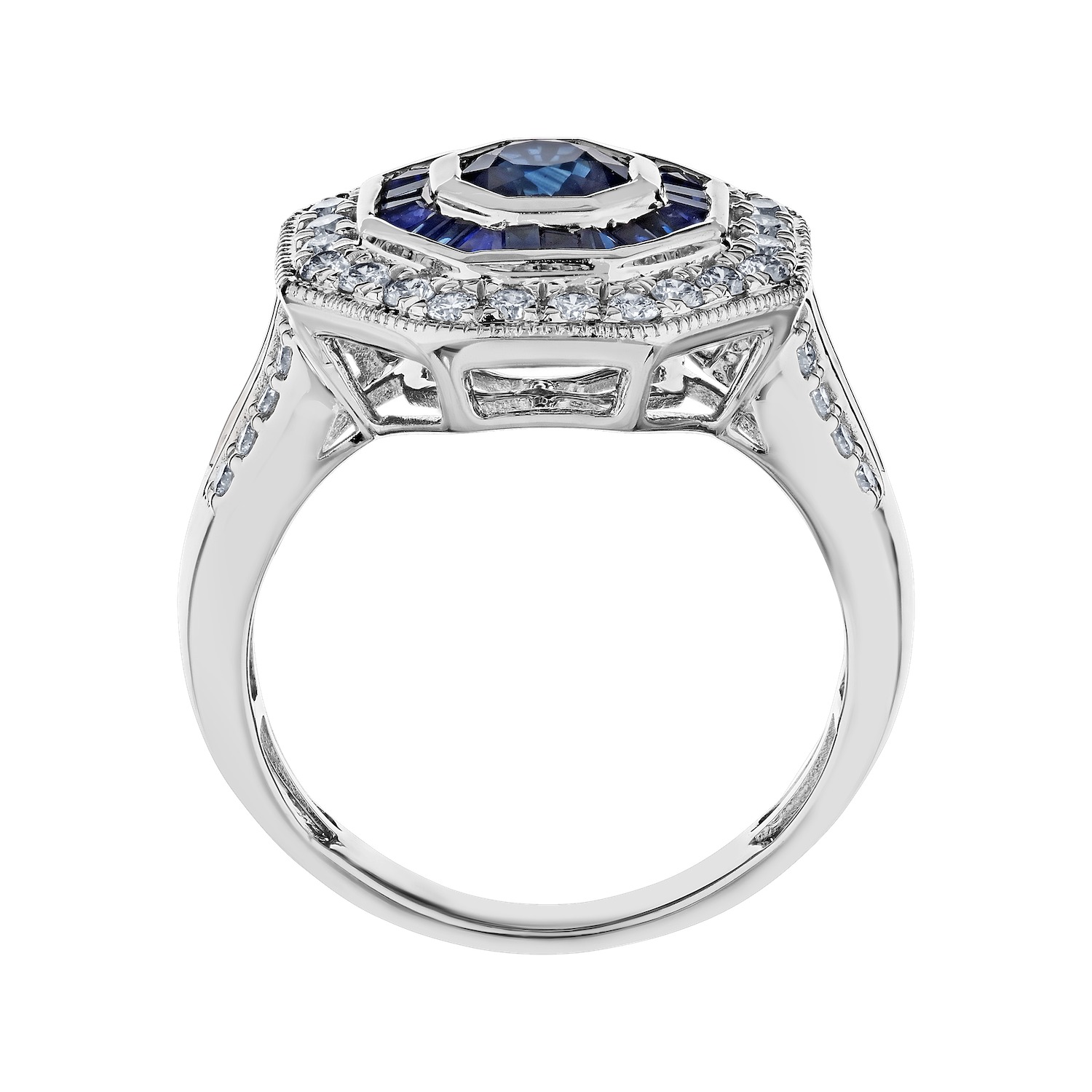Vintage Treasures&trade; 14k White Gold Octagonal Art Deco Style Wide Shoulders Ring Diamond & Sapphire Baguette 1.21 Ctw