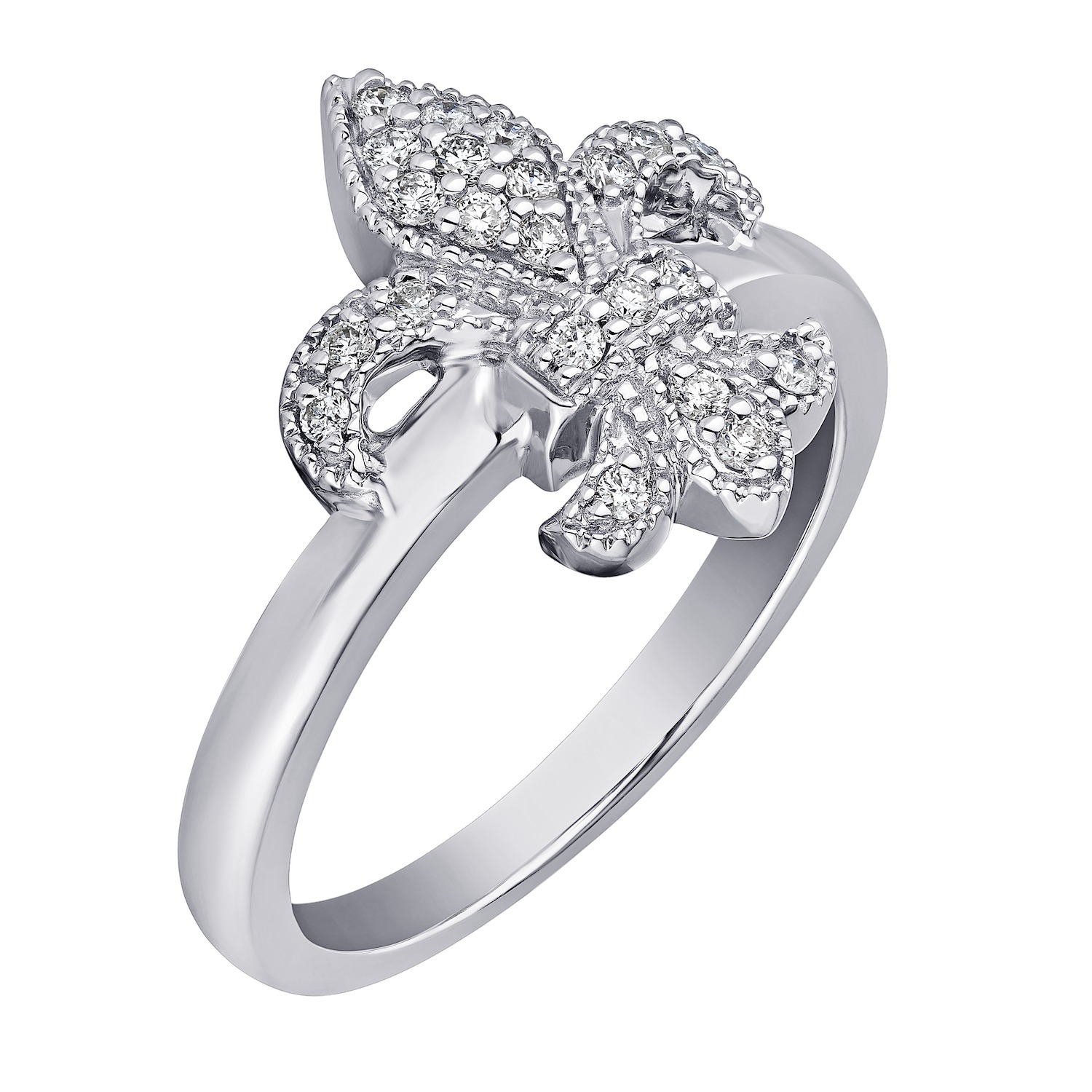 Lis Royale&trade; 14K White Gold Pave Fleur-De-Lis Plain Shank Ring 0.20 Ctw Diamond