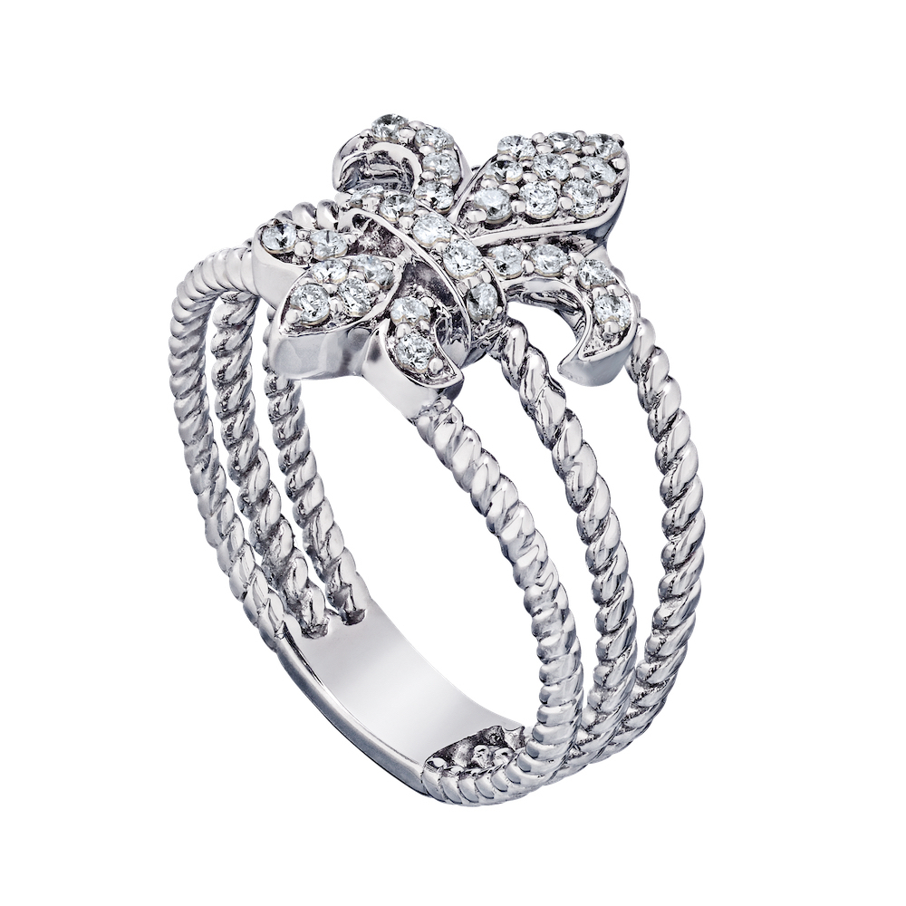 Lis Royale&trade; 14K White Gold Pave Fleur-De-Lis 3 Row Twisted Wire Shank Ring 0.25 Ctw Diamond