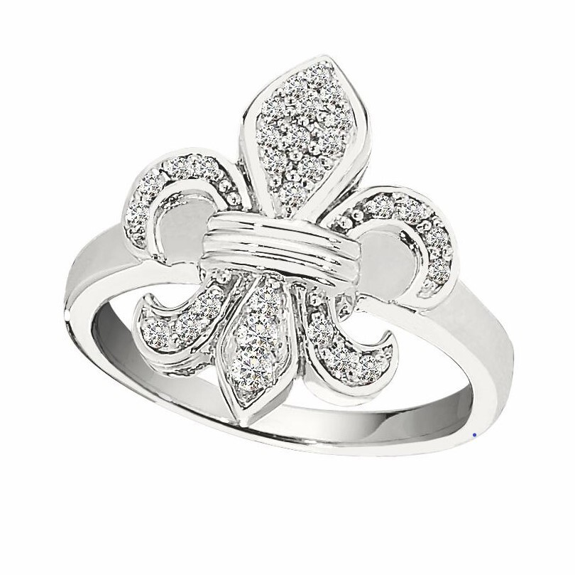 Lis Royale&trade; 14K White Gold Fleur-De-Lis Polished Bar Center Plain Shank Ring 0.25 Ctw Diamond