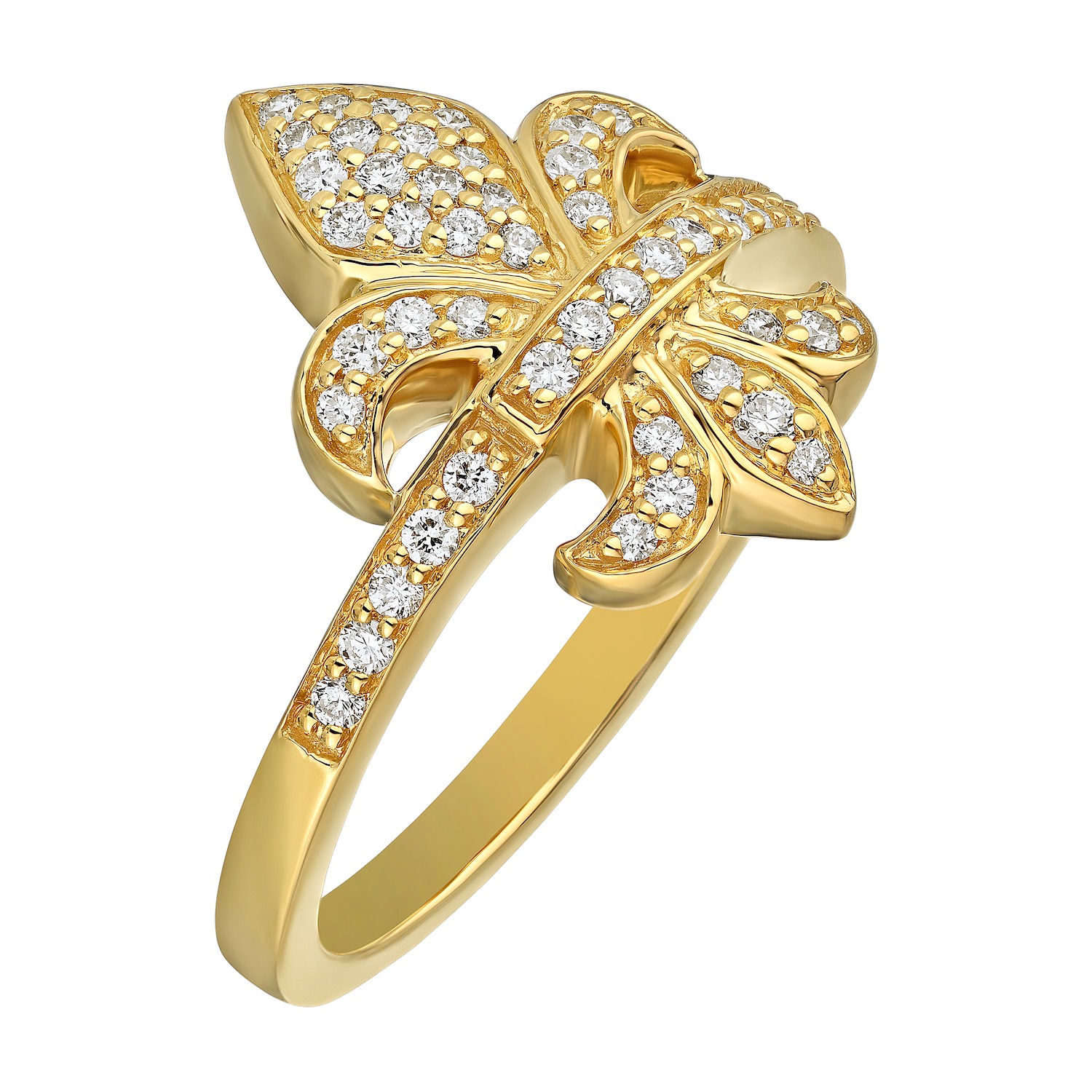 Lis Royale&trade; 14K Yellow Gold Pave Fleur-De-Lis Diamond Shoulders Ring 0.33 Ctw Diamond