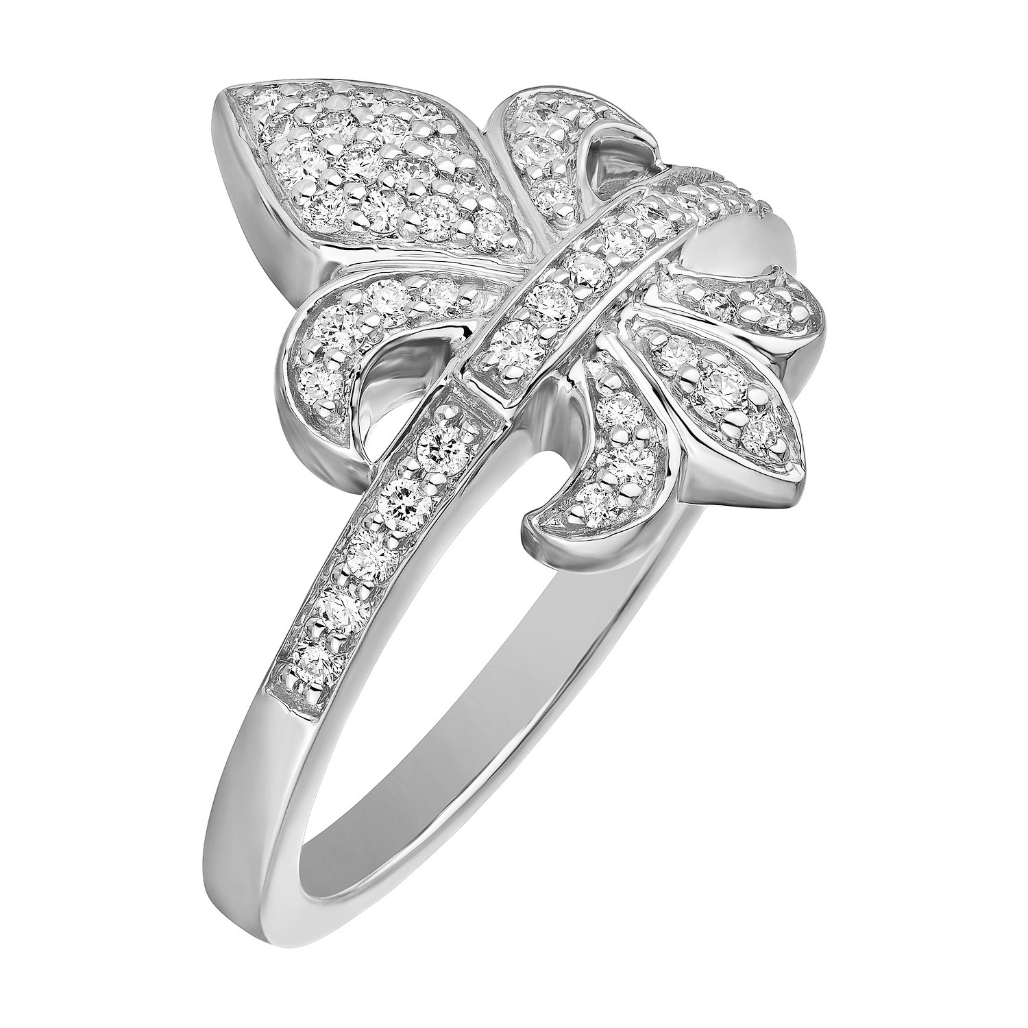 Lis Royale&trade; 14K White Gold Pave Fleur-De-Lis Diamond Shoulders Ring 0.33 Ctw Diamond