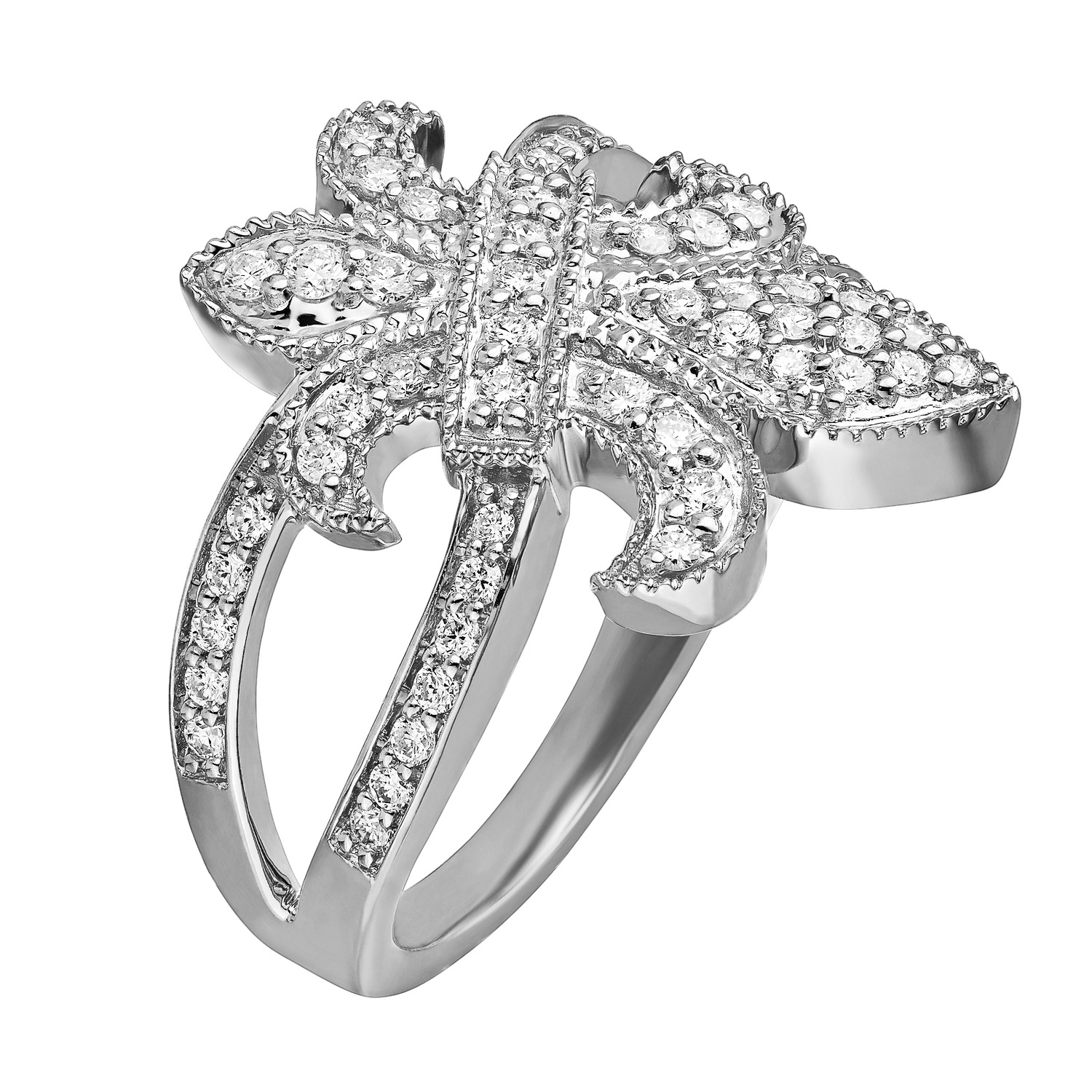 Lis Royale&trade; 14K White Gold Offset Fleur-De-Lis Split Shank Ring 0.50 Ctw Diamond